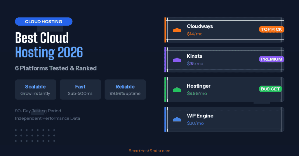 Comparison of top cloud hosting providers for 2026, including Cloudways, Kinsta, Hostinger, and WP E.