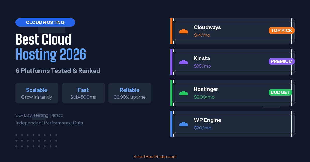 Comparison of top cloud hosting providers for 2026, including Cloudways, Kinsta, Hostinger, and WP E.